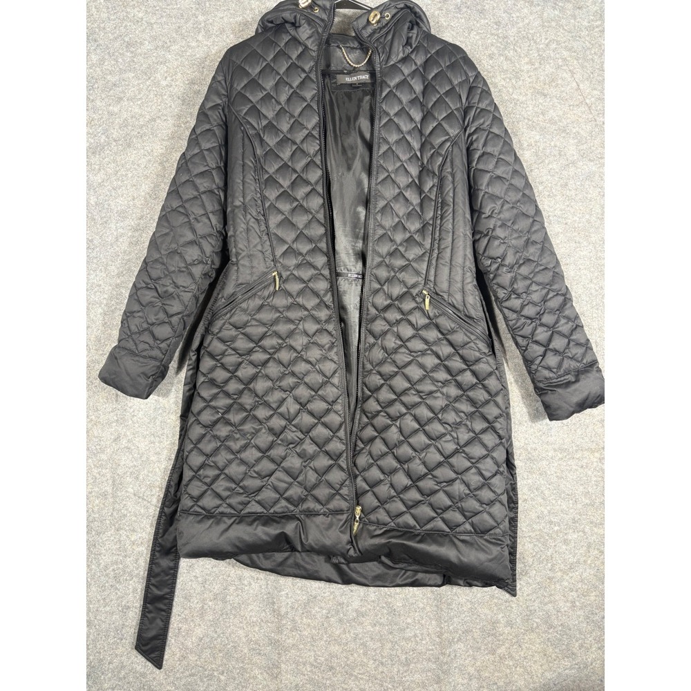 Ellen Tracy Quilted Hooded Puffer Coat Black Full Zip Belted Womens Size M